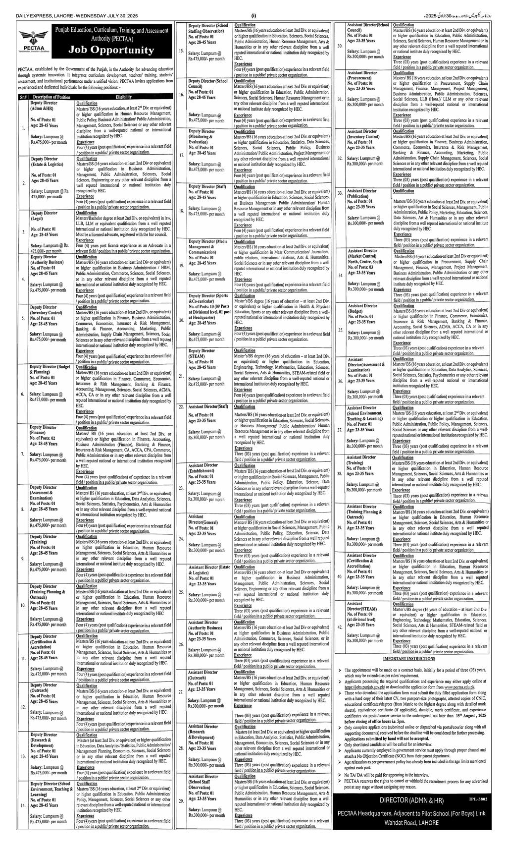 Jobs in Punjab Education, Curriculum, Training & Assessment Authority